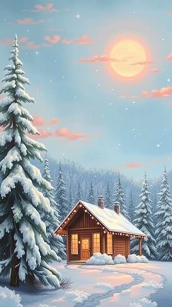 A winter landscape painting with a cabin, snow-covered trees, and a colorful sunset sky.